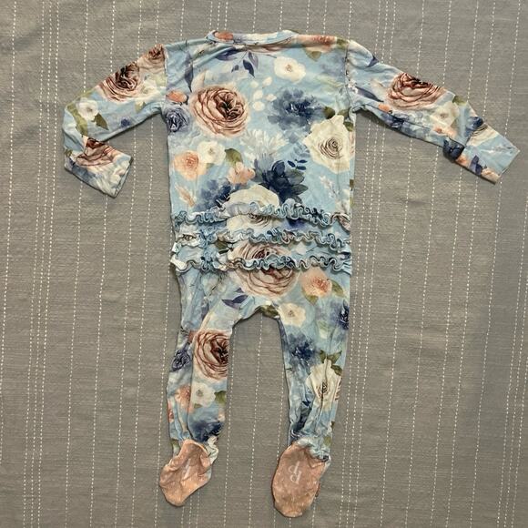 Posh Peanut Blue Floral Baby 6-9 Months Bamboo Zippy with Ruffles - Picture 6 of 6